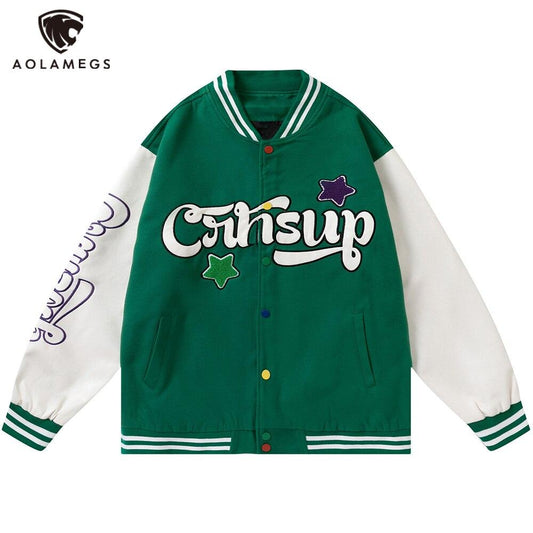 Patchwork Color Furry Embroidery Baseball Jackets Men Autumn Vintage