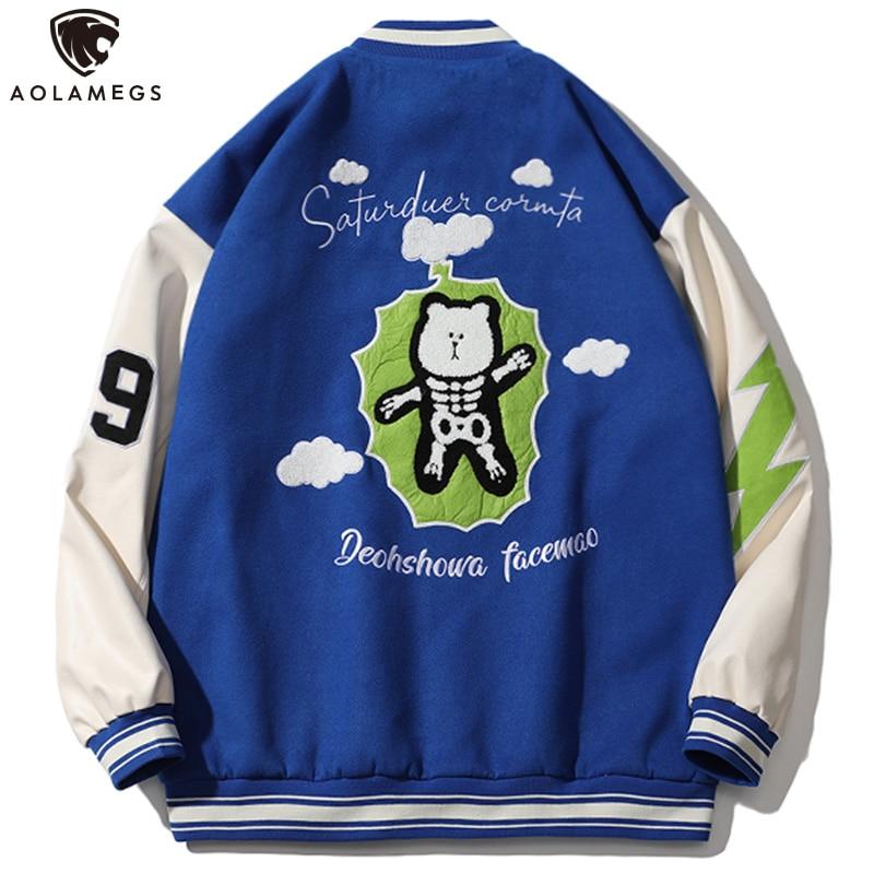 Bomber Jacket Men Furry Big Letter Bear Skeleton Patchwork Baseball