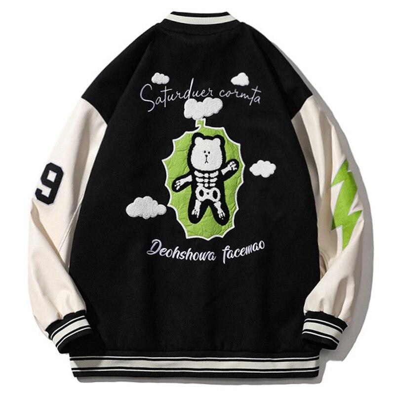 Bomber Jacket Men Furry Big Letter Bear Skeleton Patchwork Baseball