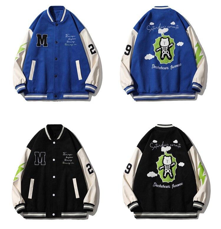 Bomber Jacket Men Furry Big Letter Bear Skeleton Patchwork Baseball