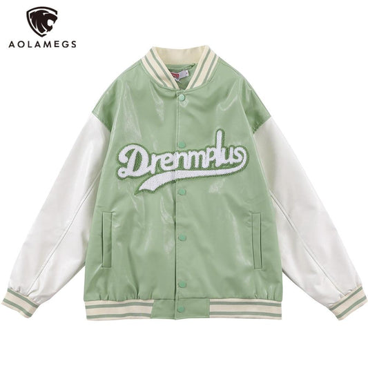 Baseball Jacket Men Retro Color Block Furry Patch Leather Bomber Coat