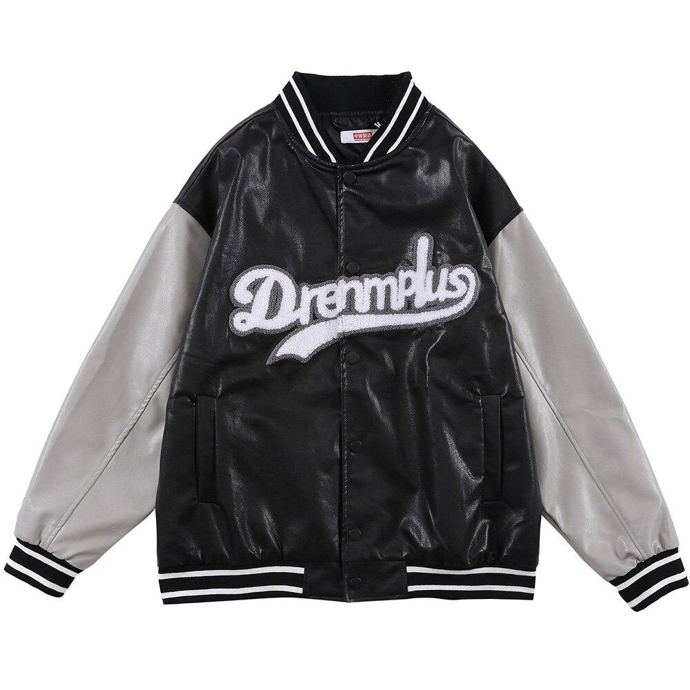 Baseball Jacket Men Retro Color Block Furry Patch Leather Bomber Coat