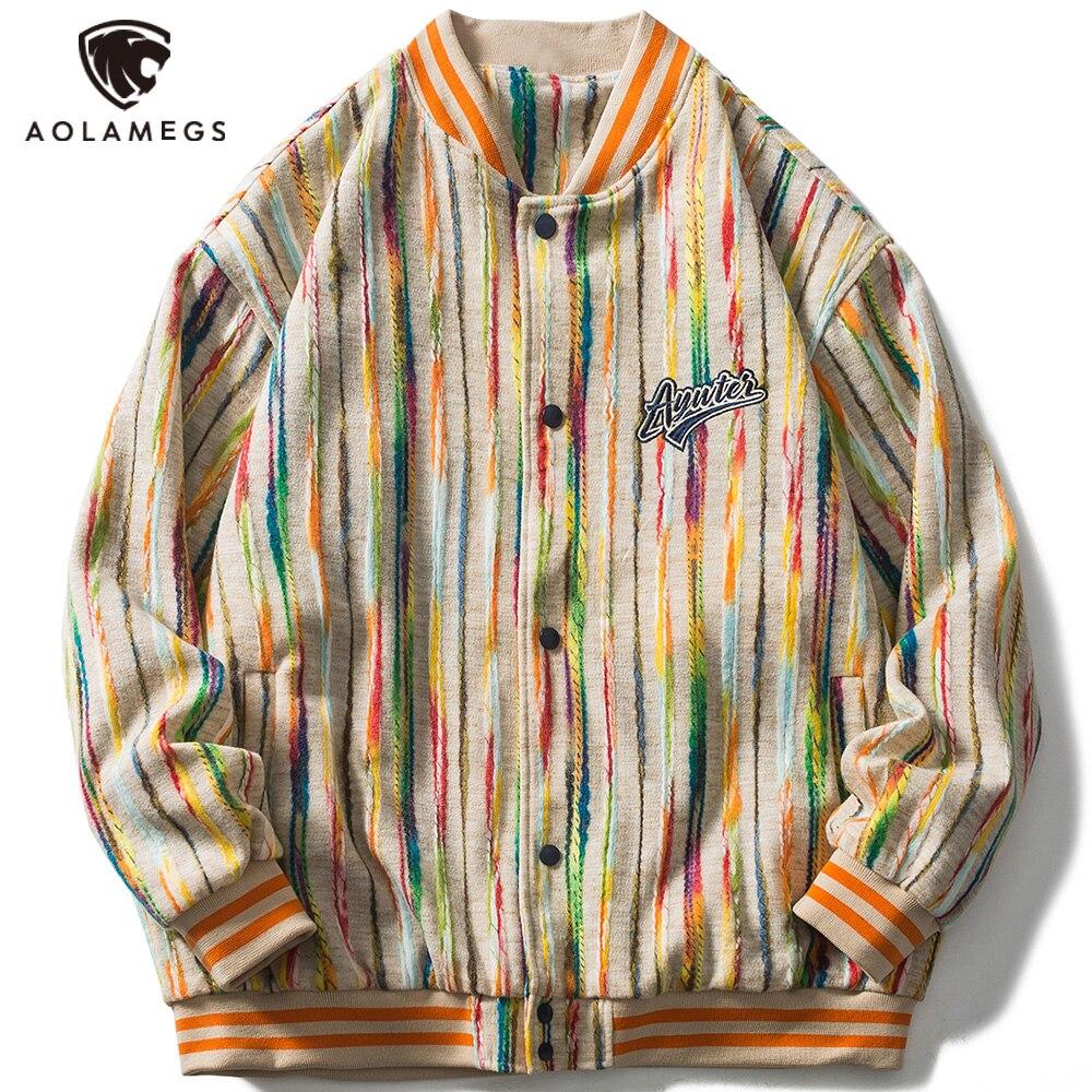 Baseball Jacket Men Colorful Knitted Striped Letter Embroidery