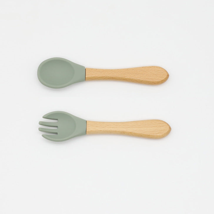 Baby Food Grade Wooden Handles Silicone Spoon Fork Cutlery