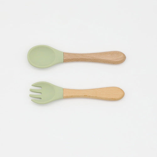 Baby Food Grade Wooden Handles Silicone Spoon Fork Cutlery