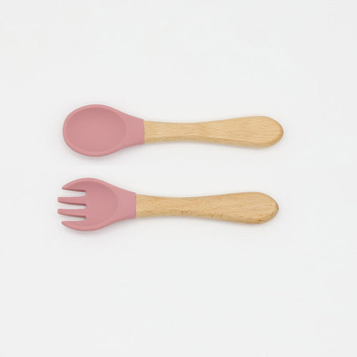 Baby Food Grade Wooden Handles Silicone Spoon Fork Cutlery